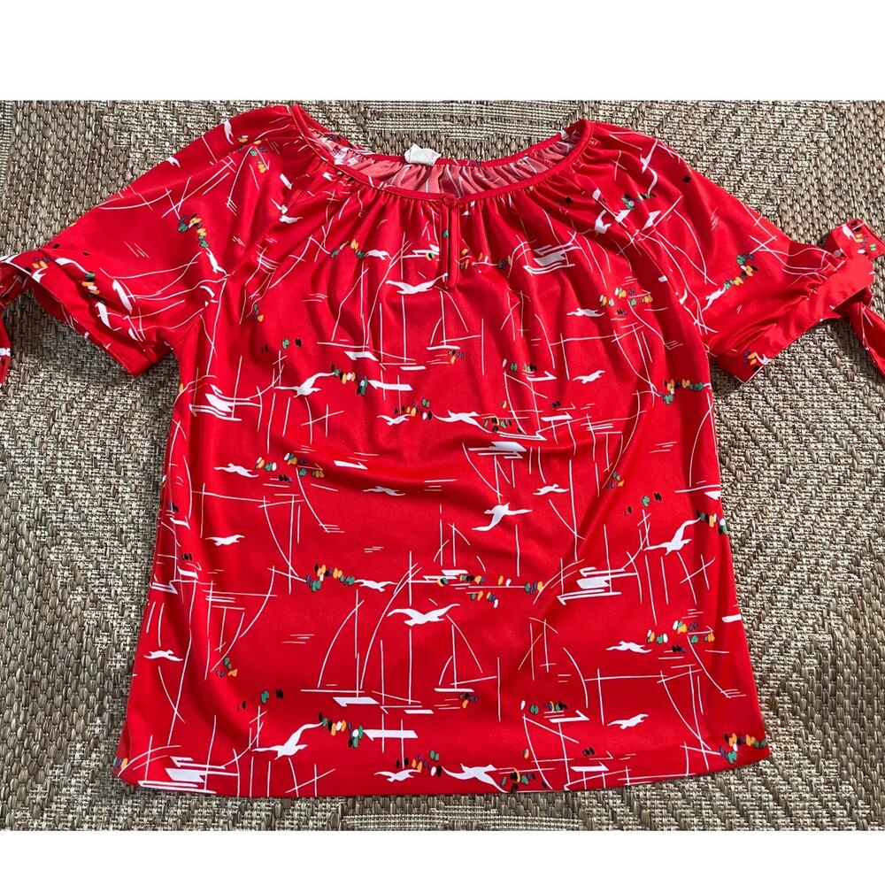 Vtg. Styled By Sybil 70s/80s modern boat seagulls print short sleeve retro mod